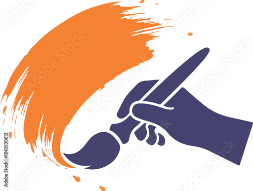 Hand holding paintbrush creating a vibrant orange brush stroke on white background