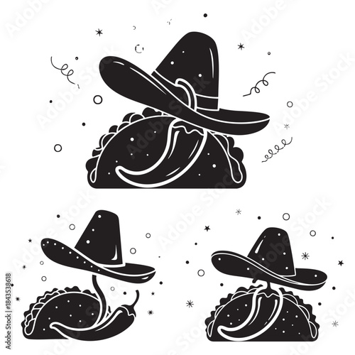 Mexican Taco with Sombrero and Chili Pepper Silhouette for Fiesta and Cinco de Mayo Theme