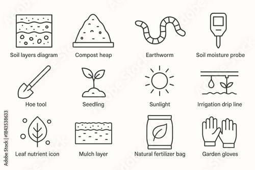 Garden tools and soil icons including earthworm, seedling, and irrigation symbols