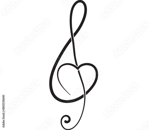Elegant musical treble clef design with a heart shape on transparent background silhouette