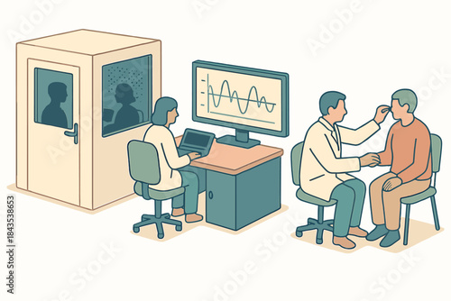 Hearing test examination: male patient undergoes hearing assessment by audiologist