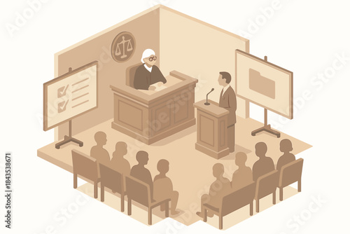 Courtroom scene with judge, attorney, and audience in sepia tones