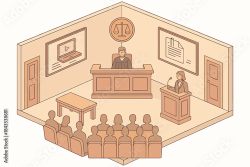 Isometric courtroom scene with judge and lawyer in session