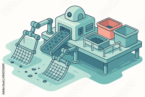 Automated factory machine sorting materials into bins with robotic arms