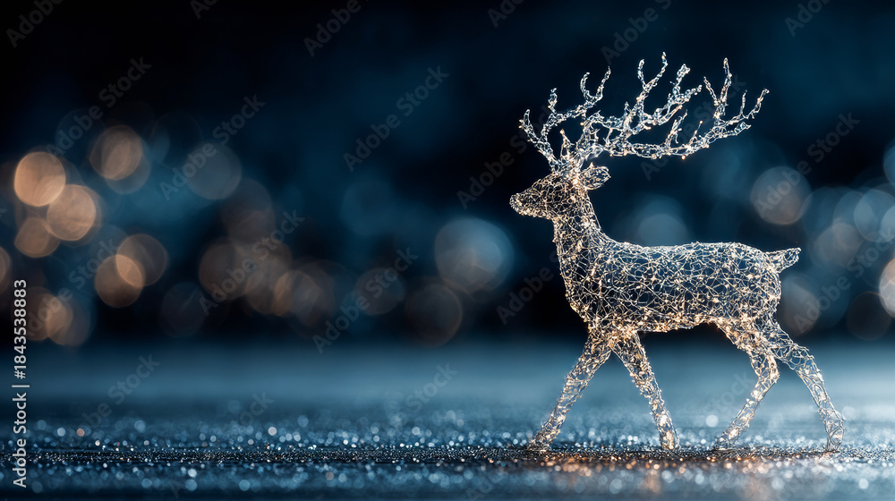 Naklejka premium Reindeer shining brightly with warm lights on a glittering surface, dark background with bokeh and copy space