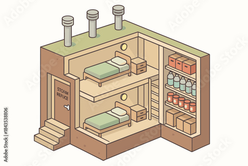 Isometric underground bunker with bunk beds and storage