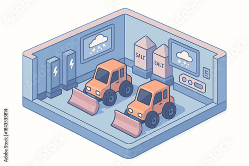 Isometric garage of snowplow trucks and salt storage for winter preparation