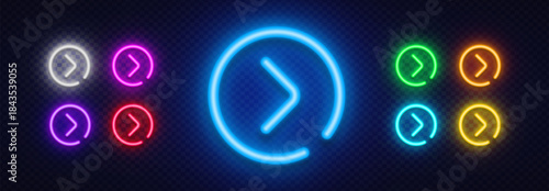 A colorful neon arrow icon set with circular outlines and bright glowing accents. The clean design brings clarity and energy to web layouts or user interface elements.