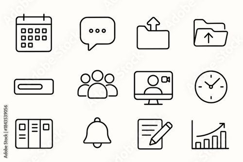 Set of 12 minimalist office icons: calendar, chat, folders, team, video, clock, files, notification, document, graph