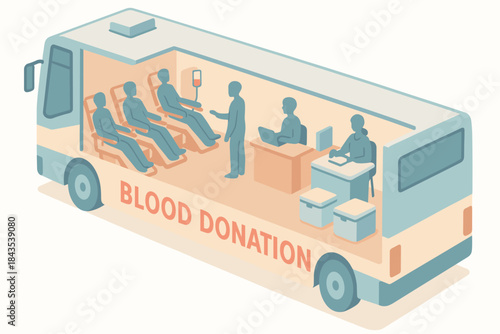 Mobile blood donation bus with medical staff and donors inside