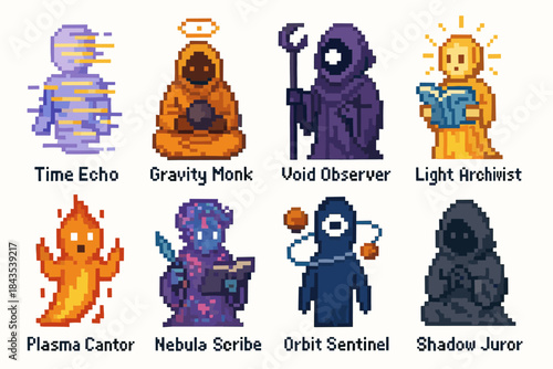 Pixel art mystic characters: echo, monk, observer, archivist, cantor, scribe, sentinel, juror