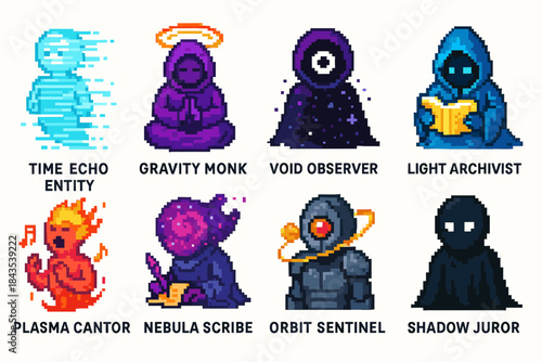 Pixel art characters: time echo, gravity monk, void observer, light archivist, plasma cantor, nebula scribe, orbit sentinel, shadow juror