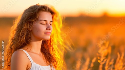 Young woman meditating in golden field at sunset serene nature moment