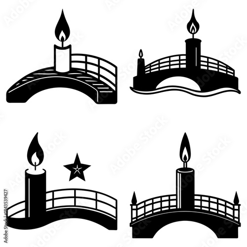 Four symbolic bridge and candle silhouettes