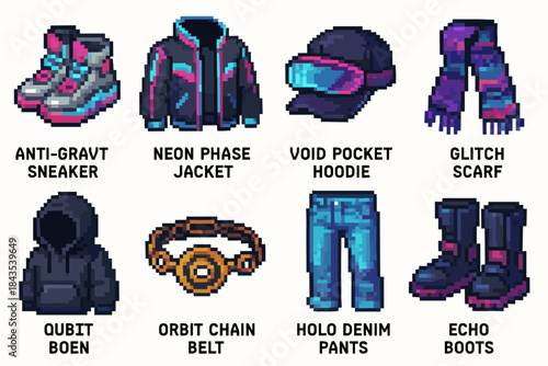 Retro futuristic pixel art clothing and accessories collection