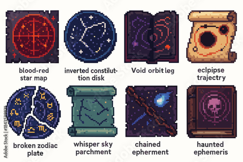 Pixel art fantasy scrolls and maps for astronomy and magic enthusiasts