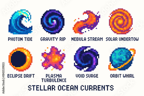 Pixel art of cosmic ocean currents with eight unique designs