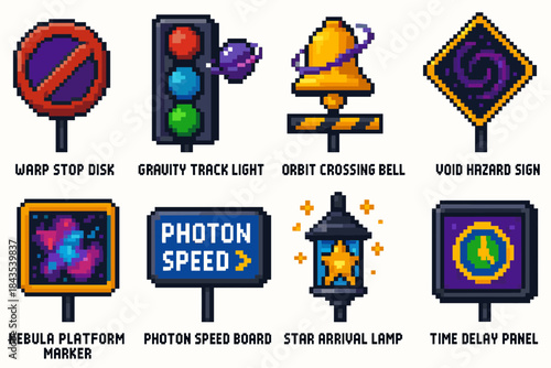 Retro pixel art space-themed signs with cosmic motifs and text