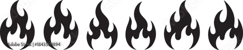 Six flame vector icons arranged horizontally on a dark background for warning or heat concepts