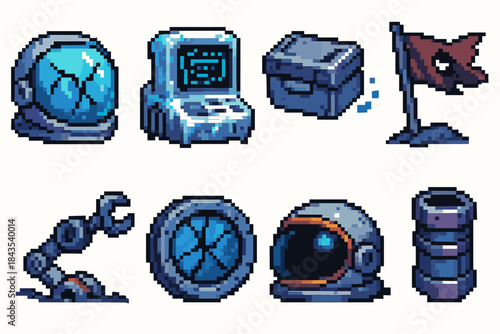 Pixel art space items: helmets, gadgets, and galactic tools