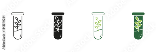 Test Tube With Plant Line And Solid Icon Set. Biotechnology And Plant Research Symbol Collection. Laboratory Experimentation And Genetic Engineering. Isolated Vector Illustration