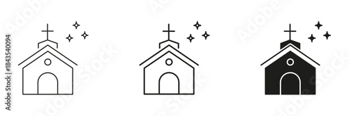 Church Building With Stars In Line, Outline, And Glyph Icon Set. Religious Worship, Spirituality, And Faith Symbol Collection. Architectural And Cultural Heritage. Isolated Vector Illustration