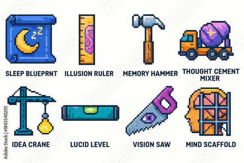 Pixel art abstract concepts: sleep, illusion, memory, thought, idea, lucid, vision, mind