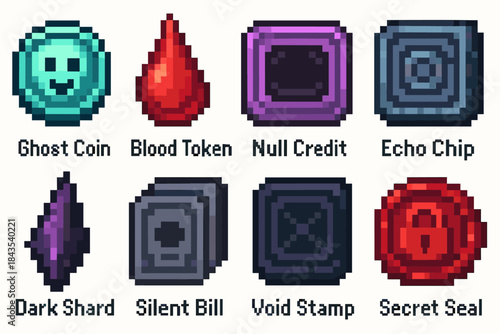 Colorful pixel art game tokens collection with unique designs