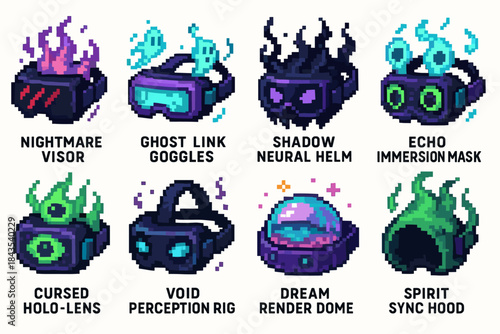 Futuristic virtual reality headsets with unique themes in pixel art style