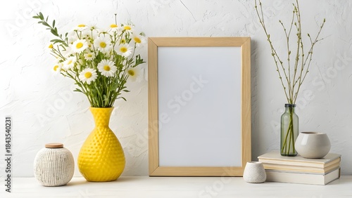 Modern arrangement with mock up poster frame, flowers in yellow vase, and decorations. Fresh and minimal aesthetic.