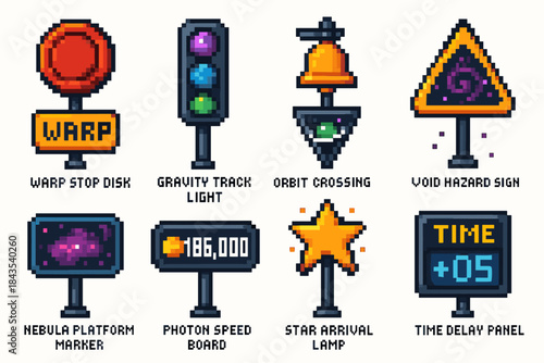 Pixel art space-themed signs: warp, gravity, orbit, void, nebula, photon, star, time