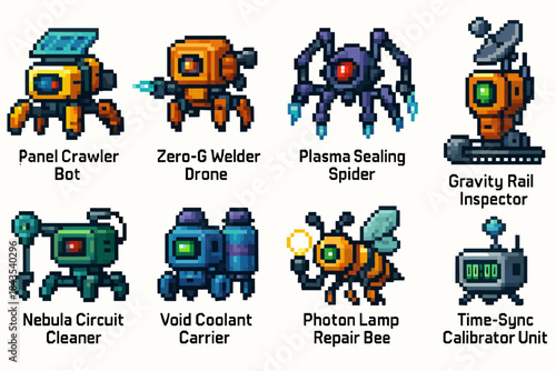 Pixel art robots: diverse futuristic machines in retro style
