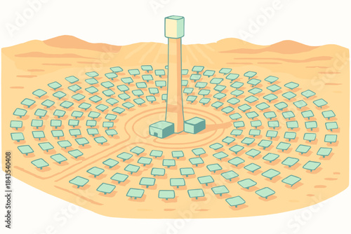 Solar power concentrator in desert landscape with central tower and reflector array