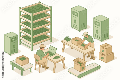 of workers in eco-friendly indoor farming process with leafy greens