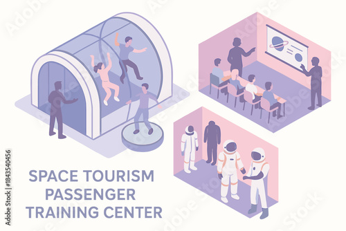 Space tourism training center with zero-gravity simulation and astronaut interaction