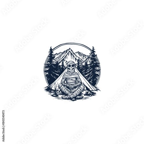 Vintage mummy character relaxing by a campfire in front of a tent with mountain forest landscape, hand drawn outdoor adventure illustration isolated on white background