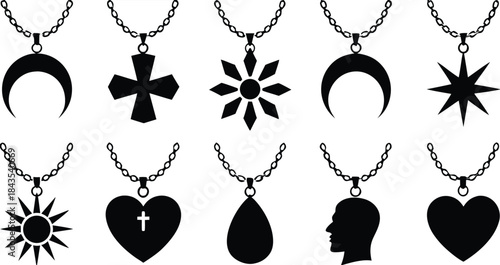 Collection of black necklace pendant shapes and chains minimalist black and white