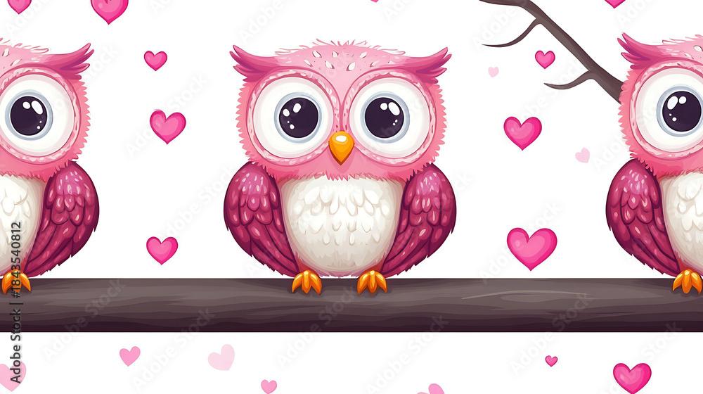 Obraz premium Cute Pink Owl Trio on Tree Branch with Hearts Horizontal Border for Valentines Day and Nursery Decor