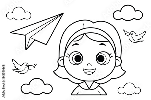 Cute Little Girl Standing Character Outline for Kids Coloring Page, Simple Line Art Vector Design