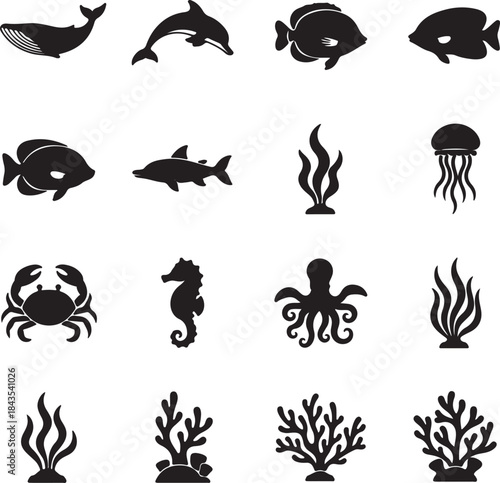 Collection of silhouetted marine life and underwater plants icons set