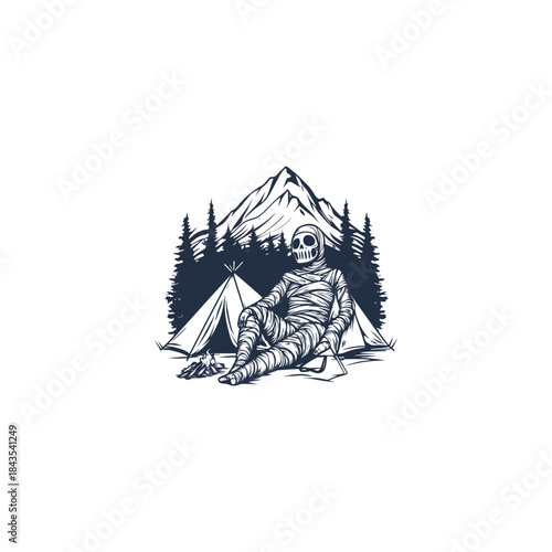 Vintage mummy character relaxing by a campfire in front of a tent with mountain forest landscape, hand drawn outdoor adventure illustration isolated on white background