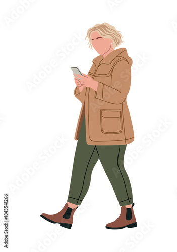 Curvy woman in casual autumn clothing walking and using a smartphone, side profile, clean minimalist style. Flat vector illustration isolated on transparent background
