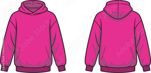 Front and back view of a vibrant pink hoodie vector illustration with long sleeves and ribbed cuffs