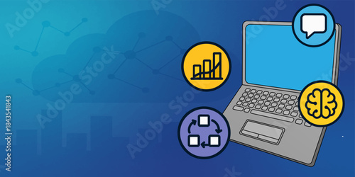 AI Analytics and Workflow Icons with Laptop on Blue Tech Background