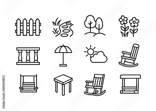 Porch Icon Set. Porch view. Line icon set of Porch view: fence,