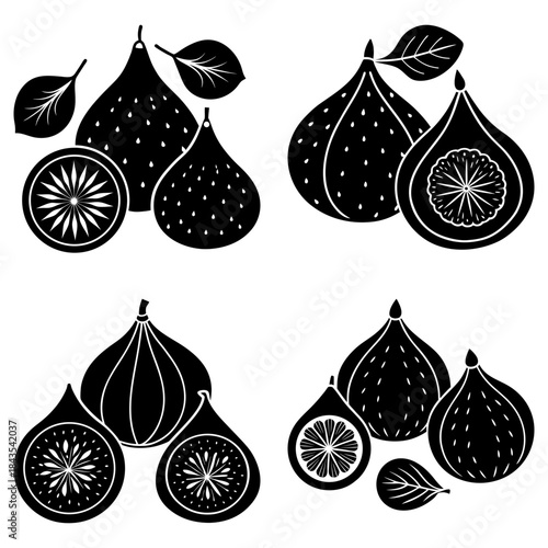 Black and white figs and grapefruit slices with leaves on transparent background