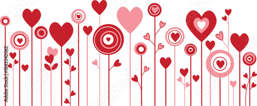 Abstract valentines day hearts on stems in red and pink colors