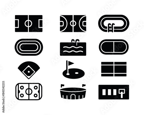 Sports Venue Icons. Sports venues. Solid icon set of sports venu