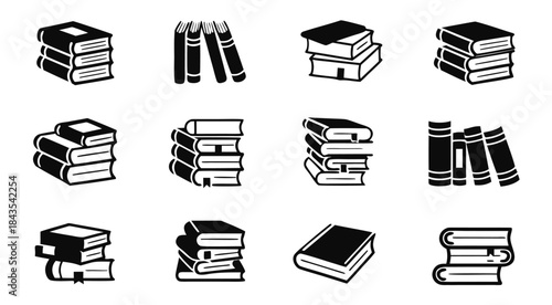Stack of books icons black and white library literature reading education