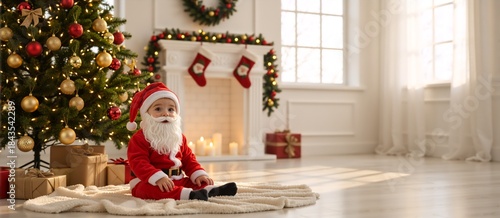 A sweet little baby dressed in a Santa Claus costume sits next to a Christmas tree and fireplace, capturing the warmth and joy of the holiday season